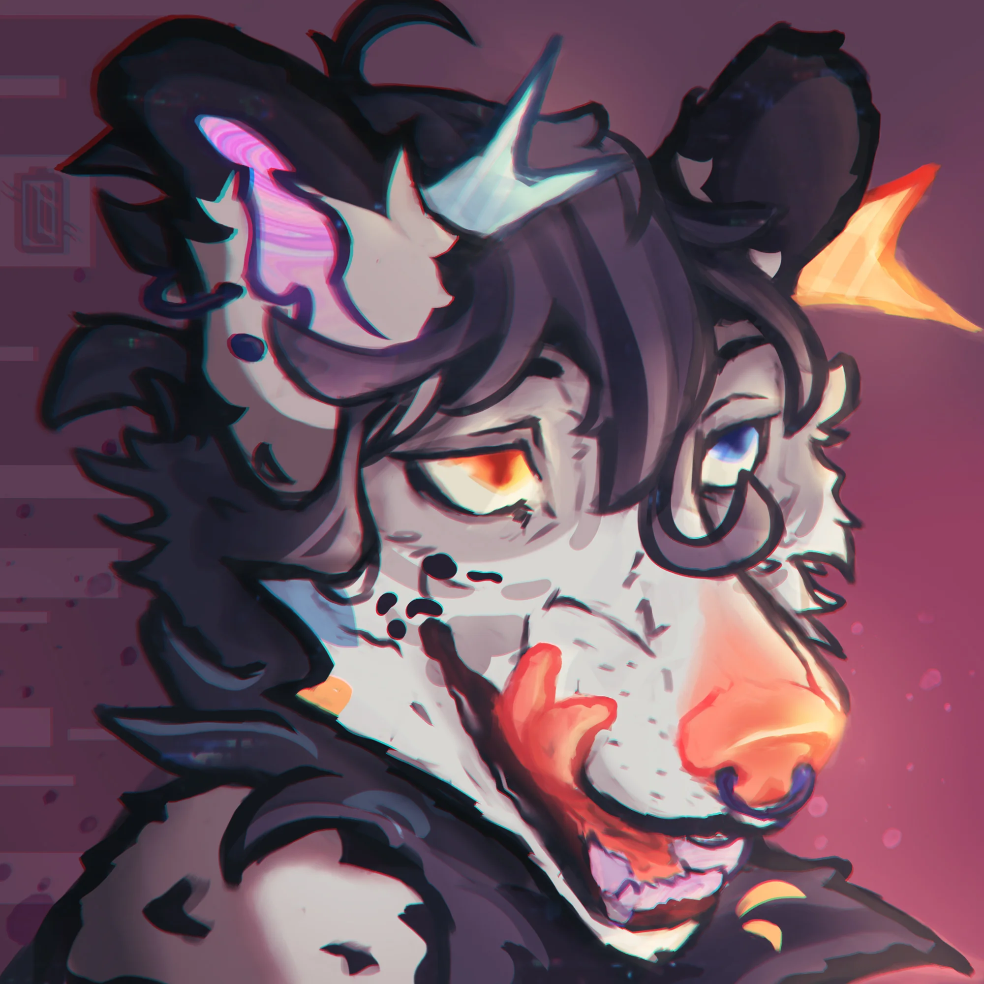 Anthropomorphic creature with fluffy fur, glowing eyes, and vibrant colors, exuding a playful and whimsical vibe against a purple background.